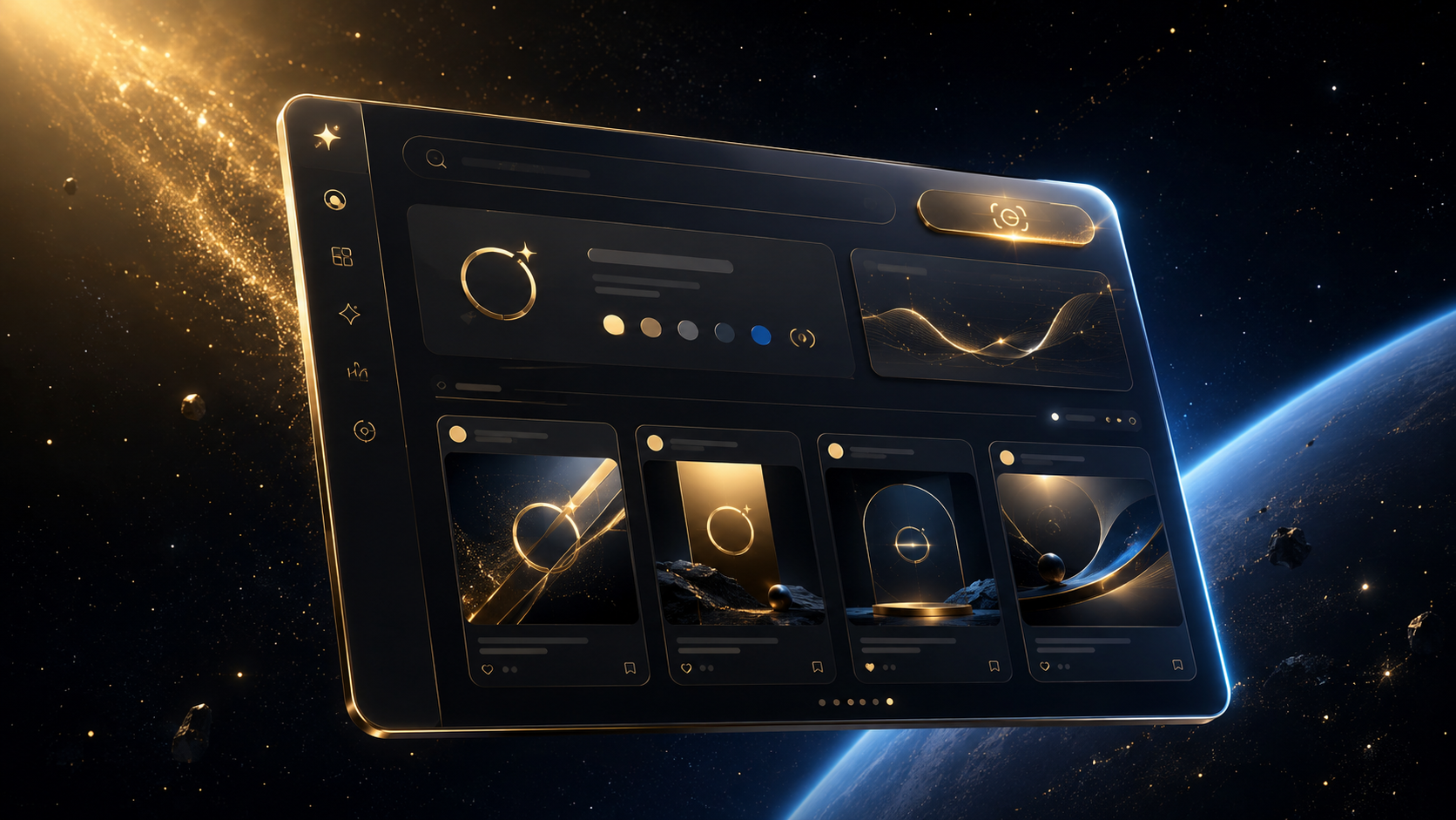 Barralaga Studio dashboard floating in deep space — a glowing content workspace