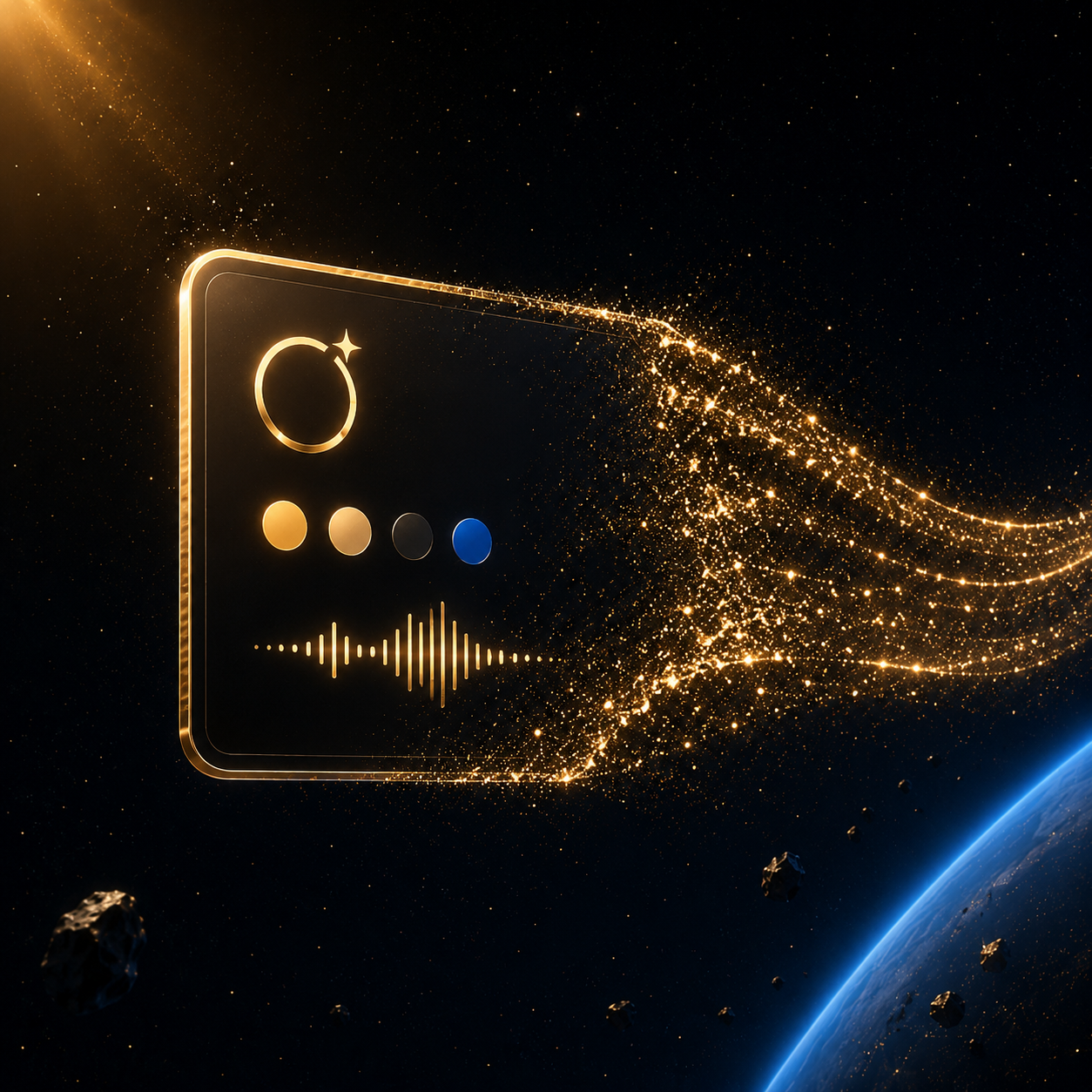 A brand identity card forming from streams of golden particles