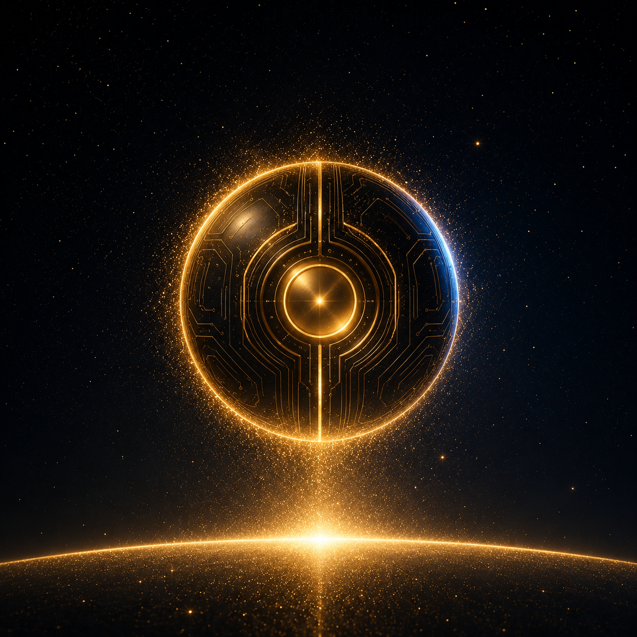 Golden circuit-etched orb hovering above a glowing horizon