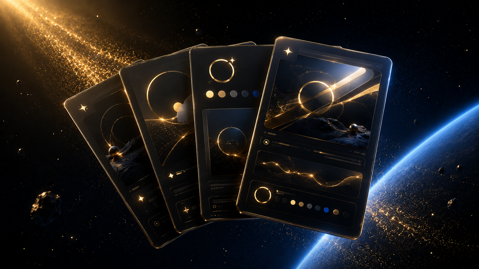 A fanned deck of branded social post cards floating above a blue planet