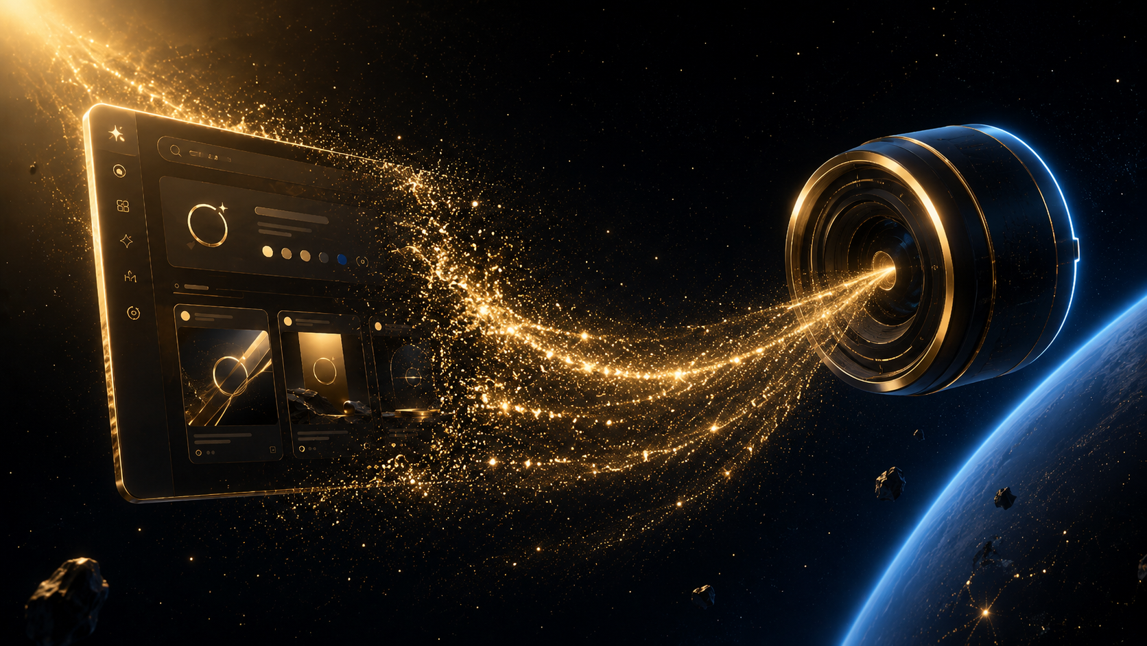 A website dissolving into a golden scanner lens in deep space